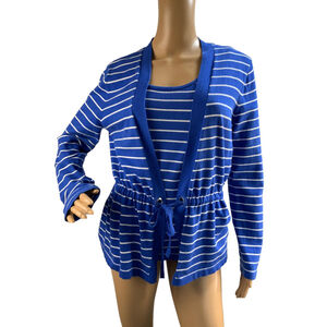 Jones New York Women's Top Sz Med Blue White Striped Round Neck Preppy Academia